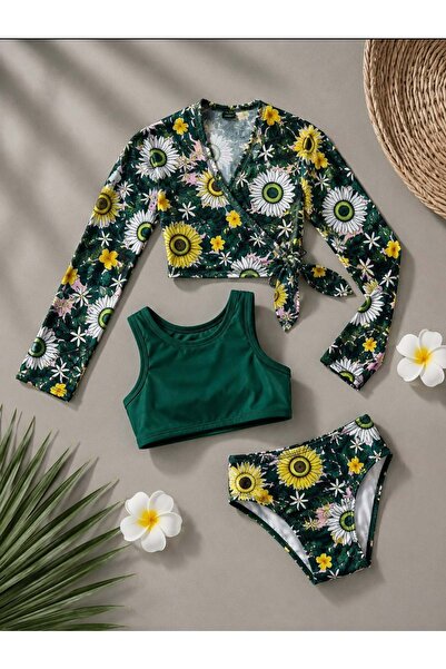 Lolliboomkids Girl's Daisy Tropical Pattern Pareo Halter Neck Bikini Set 3-Pi...