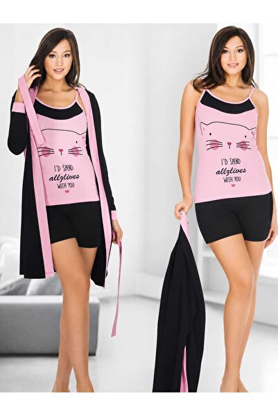 DEG Kadın Pembe Penye Kumaş Şortlu Pijama Takımı Kedi Desenli Rahat Ev Giyim