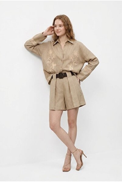 LOKADI Women's Beige Embroidered Linen Set - Oversized Shirt with Embroidery ...