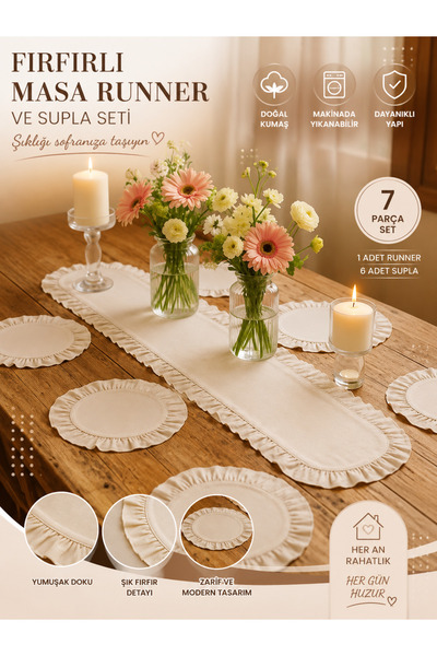 MUNA HOME Fırfırlı Keten Runner & 6'lı Supla Seti - 7 Parça Çeyiz Seti