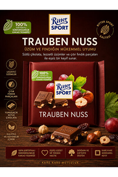 Ritter Sport Trauben Nuss Sütlü Çikolata Üzümlü ve Fındıklı 100g