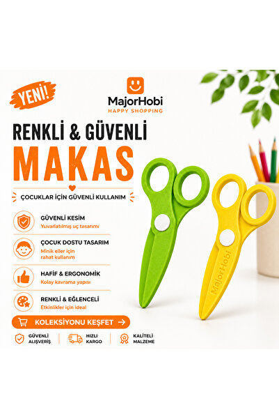 Major Hobi Çocuk Kağıt Makası 2’li Set – Güvenli Uçlu Renkli Makas - Yeşil & ...