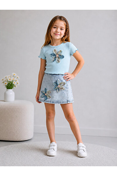 Orca Kids Fashion 4-9 طقم شورت جينز بتفاصيل زهور ثلاثية الأبعاد باللون الأزرق