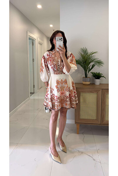 BİRCANÇİL Yofras Ecru Ethnic Patterned Balloon Sleeve Dress