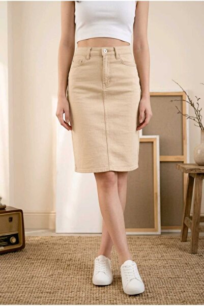 tof jean Btl Cream Women's 8 cm Back Slit 55cm Denim Skirt New-1