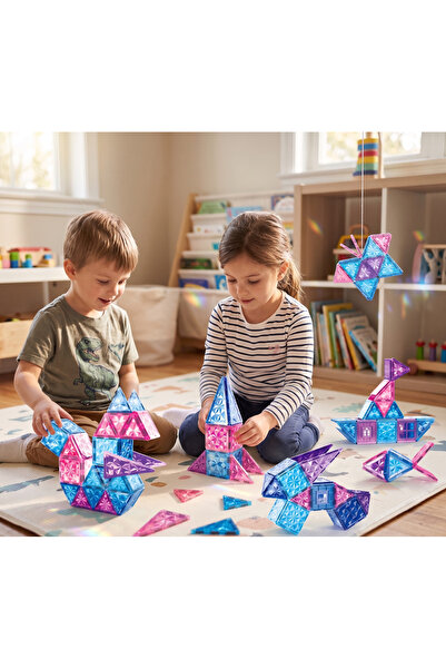 Playaks 70 Parça 7,5 Cm Manyetik Yapı Blokları Magnetic Tiles STEM Eğitici Ze...