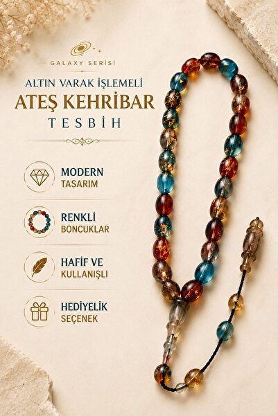 Galaxy Serisi Altın Varak İşlemeli Ateş Kehribar Tesbih Modern Tasarım