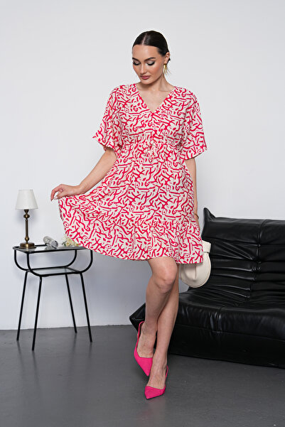 NAVY Bat Sleeve V-Neck Abstract Patterned Mini Dress