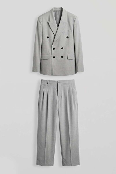 ablukaonline Men's Oversize Double-Breasted Modern Suit Gray