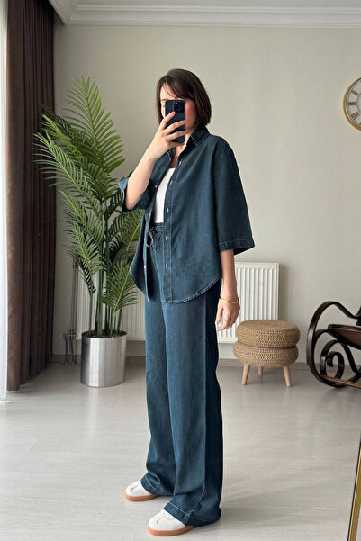Kubos Moda Tensel Denim Navy Blue Women's Shirt and Pants Set
