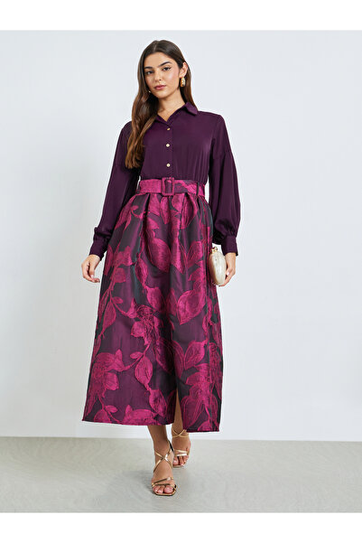 Styli Purple Floral Jacquard Maxi Dress with Belt