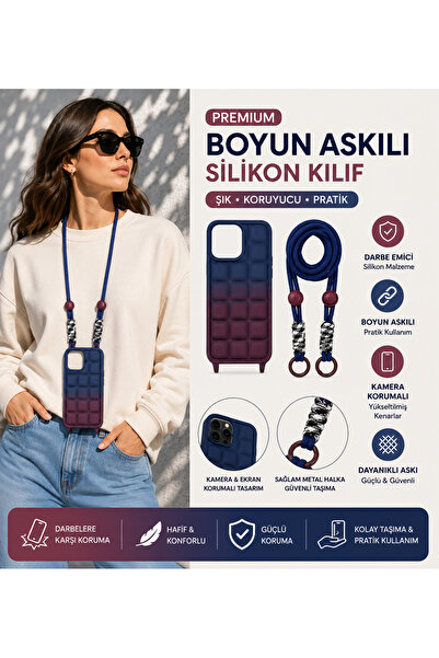 Nettech iPhone 15 Pro Premium Boyun Askılı Silikon Kılıf Kamera Korumalı
