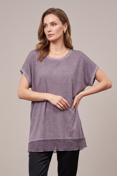 YXL COLLECTION Women's Plus Size Crew Neck Fat Washed Low Shoulder Chiffon Mo...
