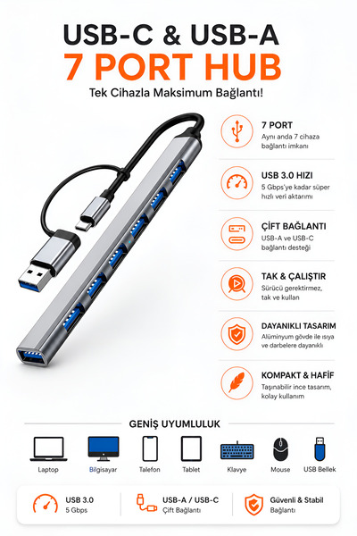 Dexmon 7 Port USB 3.0 Multiplexer Hub 7in2 Type-C / USB Converter Adapter Fast Data Transfer Laptop MacBook Tv Compatible