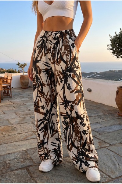 BİKELİFE Women's High Waist Leaf Patterned Summer Fabric Trousers with Elasti...