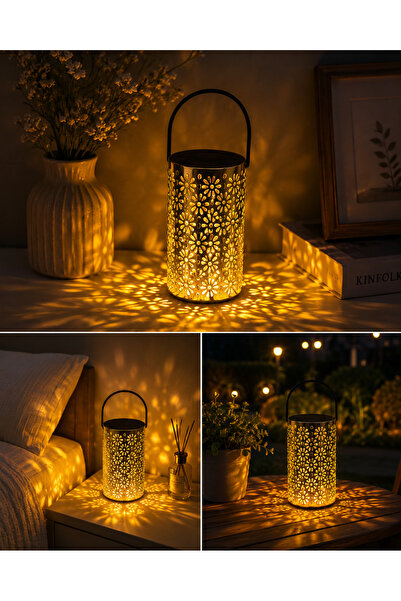 PARTİPORT Gold Dekoratif Led Mumluk Fener Balkon Bahçe Gece Lambası