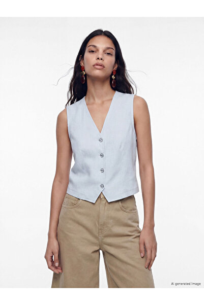 LC Waikiki Nevavm V-Neck Linen Blend Women's Classic Vest with a Difference
