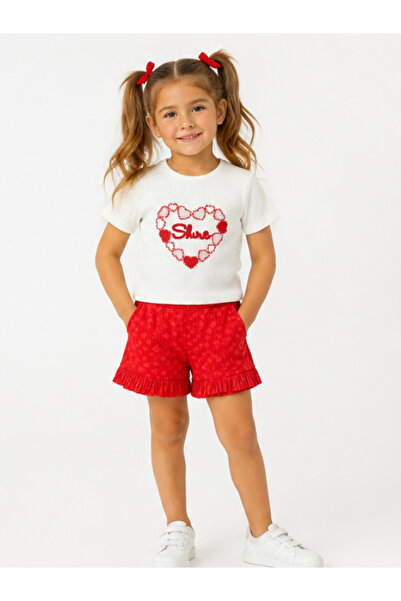 trikomode Girl's Top and Bottom Set with Heart Embroidery Detail and Shorts