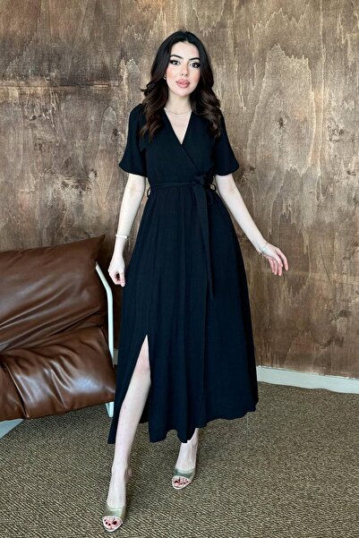 Caddebostan Moda Double-Breasted Collar Muslin Linen Dress with Tie Waist and...