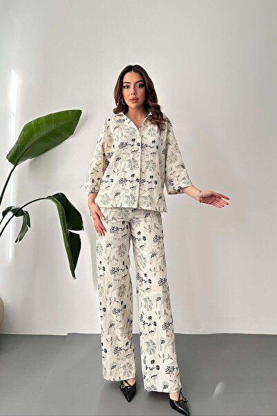 Caddebostan Moda Embroidered Linen Suit Shirt Pants Two-Piece Set