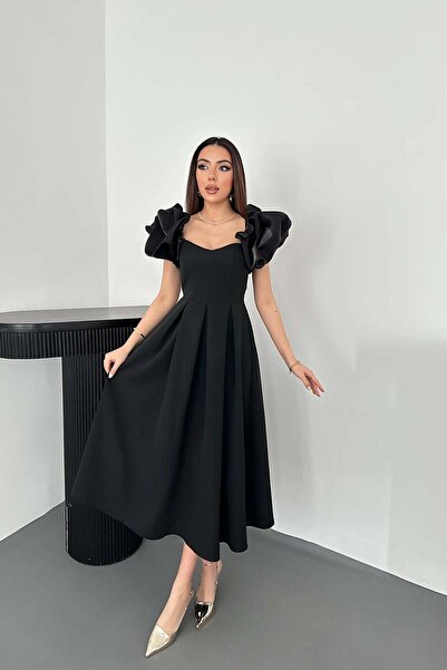 Caddebostan Moda Kolları Balon Pileli Özel Tasarım Atlas Elbise, Mezuniyet ve...