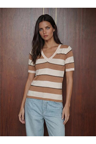WeShaya Biscuit Cream Striped Acrylic Knitted V-Neck Short Sleeve Straight Cu...