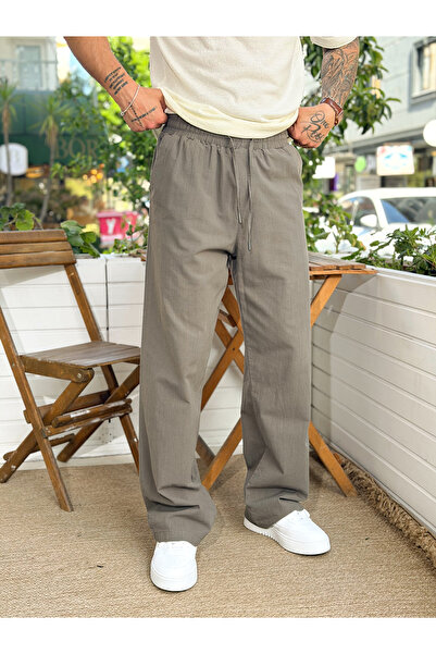 manch collection Drawstring Waist Basic Baggy Linen Trousers Khaki
