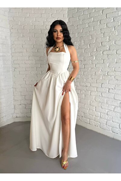 moneta boutique Rochie lungă și pufoasă pentru femei, cu decolteu halter și șliț