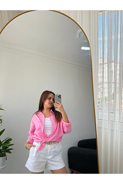 newamoora oversize açık pembe keten gömlek