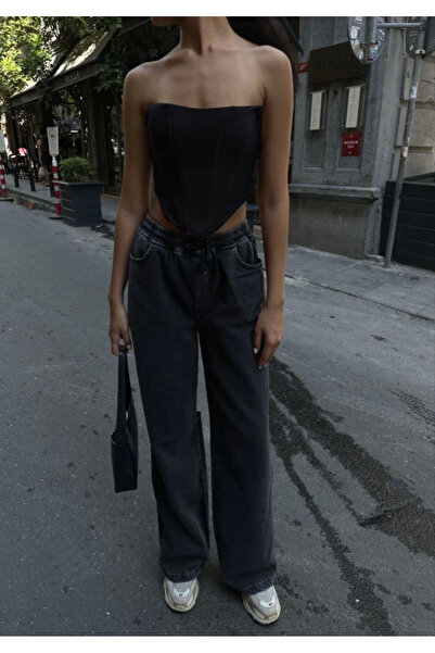 Efnaz style Jeans Kot Palazzo Trousers with Back Slits - Black - S - Black