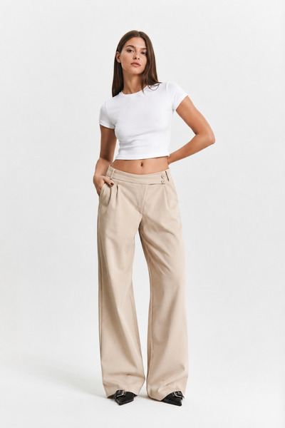 naranji Women's Beige Palazzo Trousers with Belt Detail, Wide Legs, Pleated