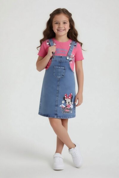 Cansın Mini Pink Floral Minnie Patterned Badili Jean Salopet Girls' Set 24089
