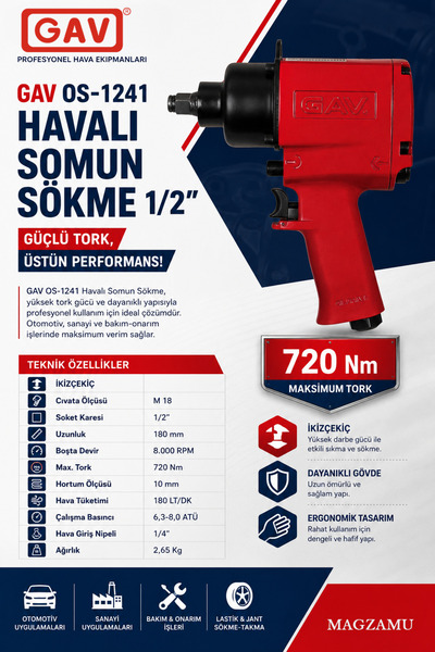 GAV 1/2" Os-1241 Havalı Somun Sökme 720nm (AT-241)(180mm)