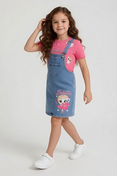 Cansın Mini Pink Heart Ballerina Patterned Badili Jean Salopetli Girl's Set 2...