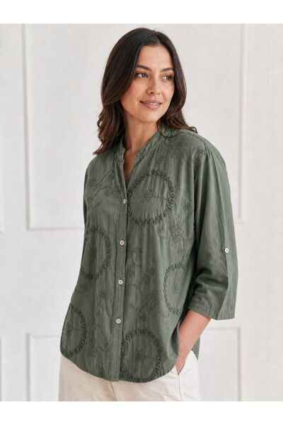 MADE İN ITALY Italian Women's Embroidery Detailed Mandarin Collar 3/4 Sleeve ...