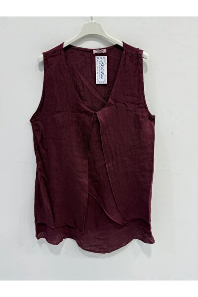della moor Burgundy Italian V-Neck Cut Zero Sleeve Linen Long Linen Blouse 40...