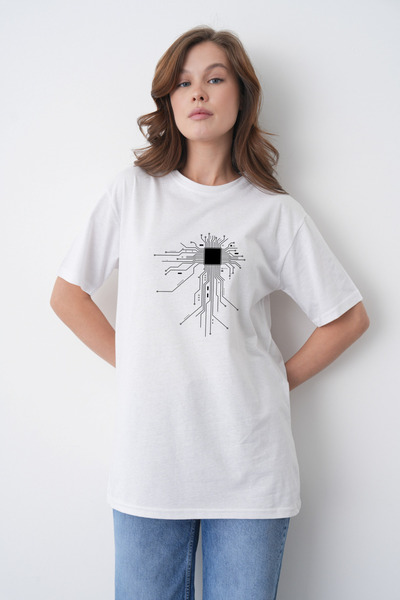 TREND EMMODA Tricou casual alb cu gât rotund, cu imprimeu cu circuit de proce...