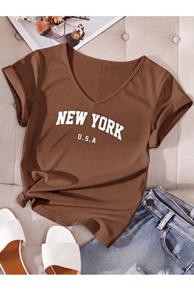 FAVORİST Women's New York Usa Printed V-Neck T-Shirt