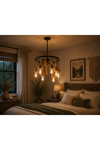 N.zone Luxury Rustic Rope Chandelier with Warm Lighting and Elegant Circular ...