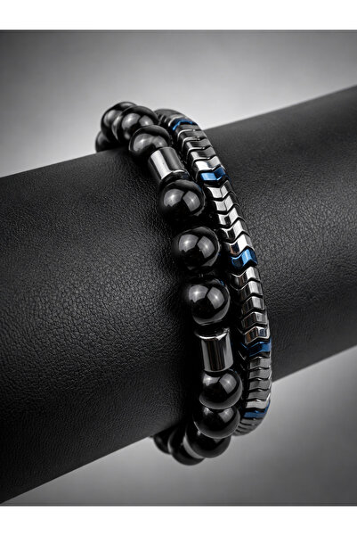 Takıtolia Kross Silver - Black Blue Metallic Tones Natural Stone Double Brace...