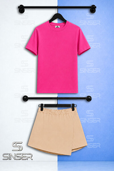 SS SİNSER Kiz Set Plain Unprinted Short Sleeve T-Shirt Shorts Skirt