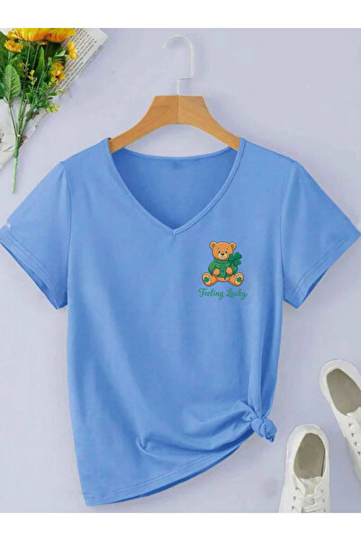 SUNFREE Lucky Teddy Printed V-Neck Regular Short Sleeve Women's Tshirt