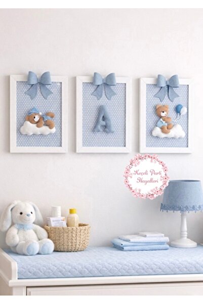 Keçeli parti hayalleri Baby Children's Room 3-Piece Frame Set with Teddy Bear