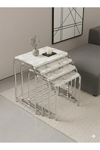 ERYALUX HOME 4'LÜ BUKET MODEL GÜMÜŞ-BEYAZ MERMER ZİGON SEHPA