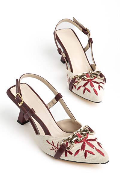 Moda Eleysa Katya Women's Burgundy Embroidered Gold Accessory Heeled Shoes