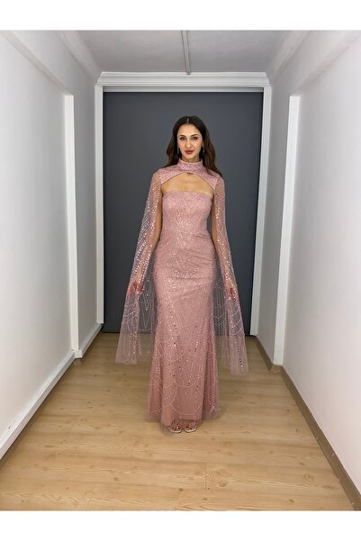 gökkuşagı moda Pudra Straplez Boyundan Pelerinli İşli Uzun Abiye Elbise
