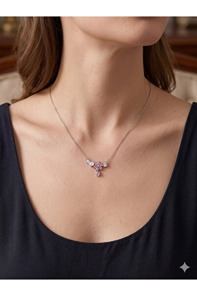 Gümüş Rengi Pembe Zirkon ve Opal Taşlı Çiçek Çelik Kolye