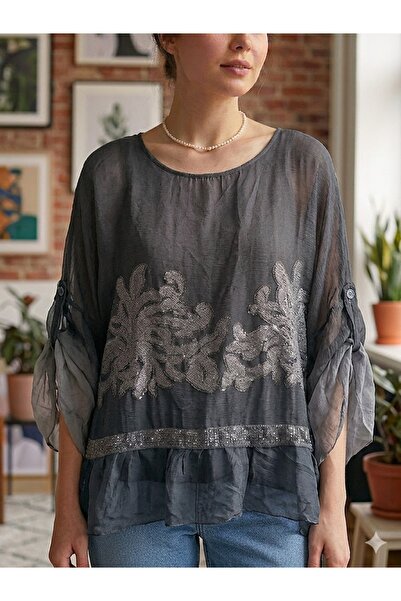 AYASOFYA OTANTIK Women's Italian Anthracite Authentic Embossed Striped Silk B...