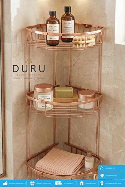 DURUBANYOCONCEPT PRİNÇ ROSE BAKIR KAPLAMA BANYO KÖŞE RAFI ŞAMPUANLIK ÜÇ KATLI
