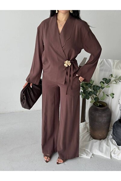 buqre's moda Thin Brooch Tie-Up Oversized Modal Jacket and Trousers Set
